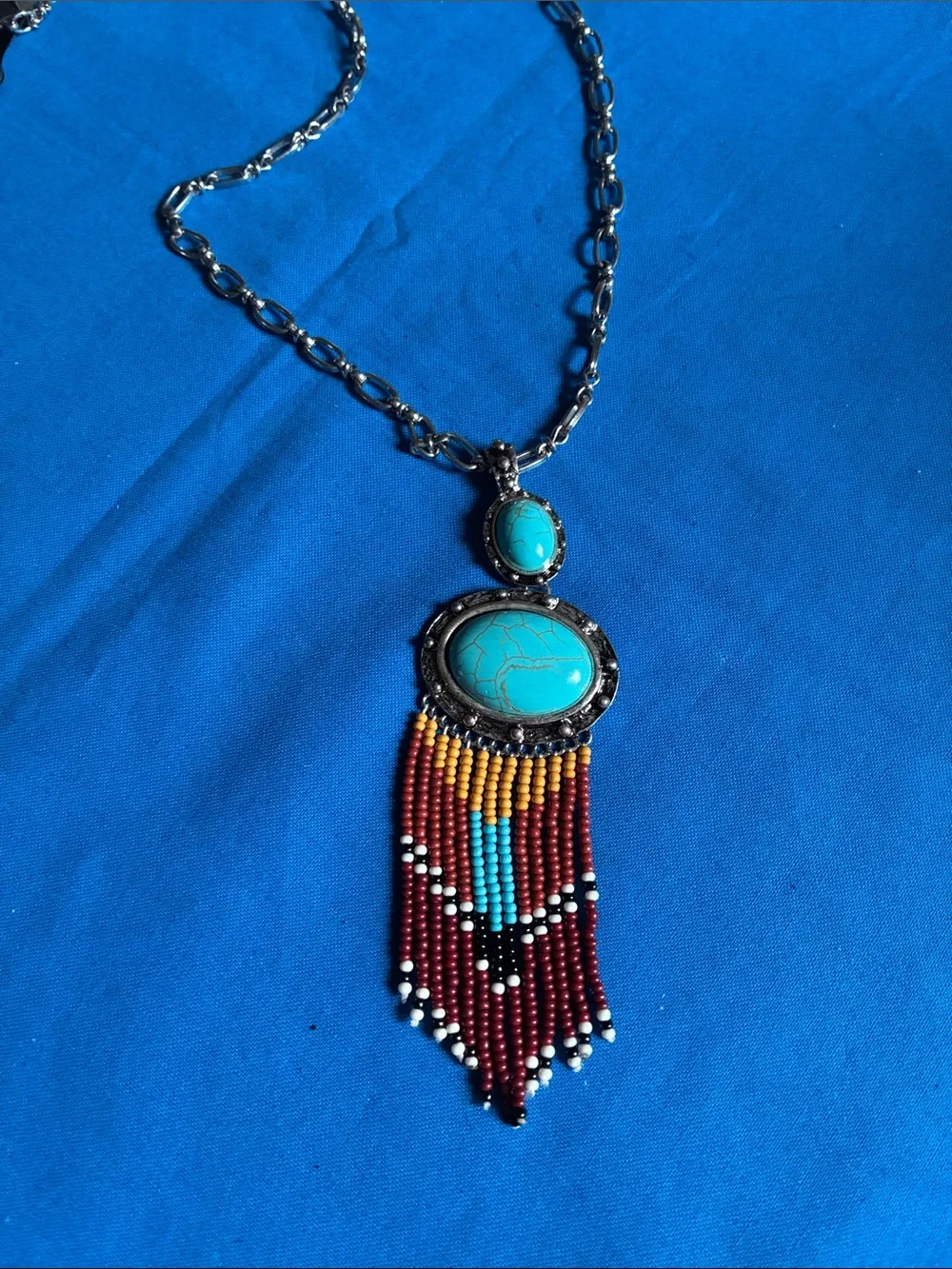 Shyanne Turquoise Pendant Necklace with Red and Yellow Beaded Fringe